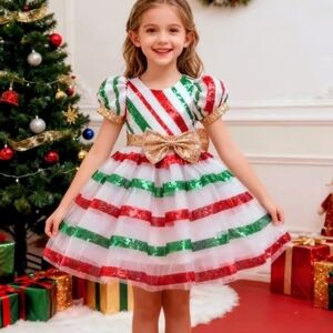 Festive Striped Holiday Dress with Gold Bow